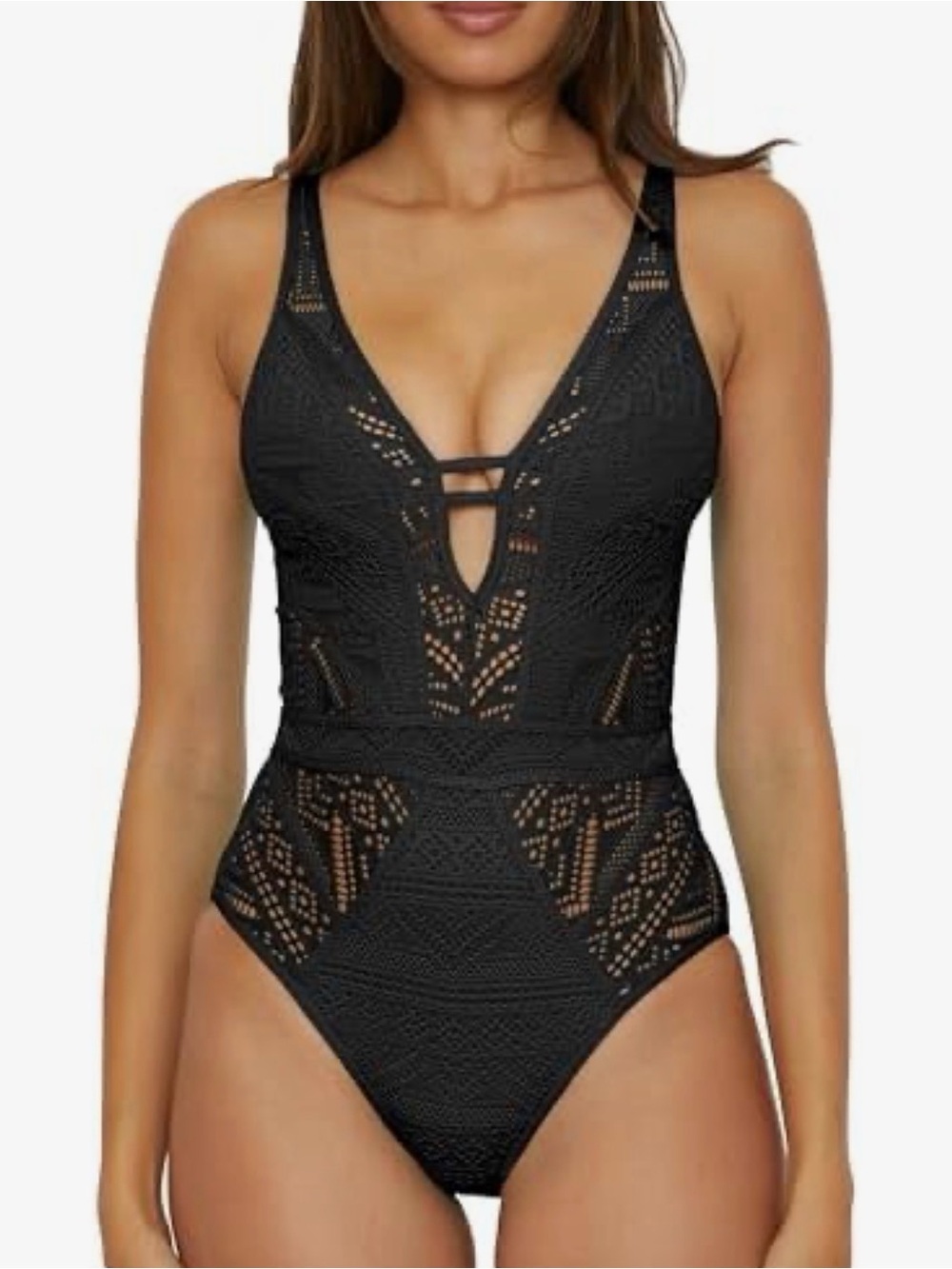BECCA Womens Color Play One Piece Swimsuit, Plunge Neck, Crochet, Bathing Suits